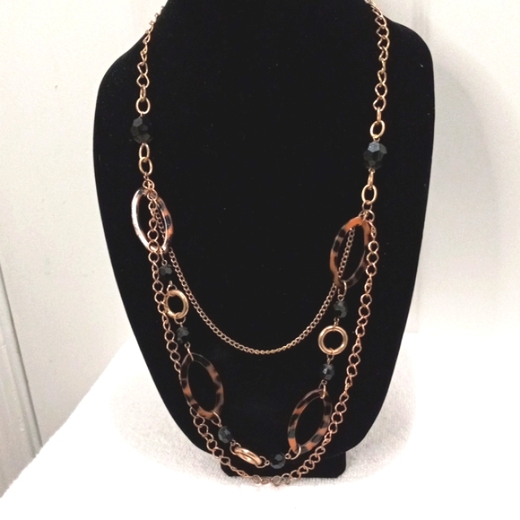 Tortoiseshell Ovals Gold Tone W/ Jet Black Beads, 16" drop Neckless - Picture 2 of 4